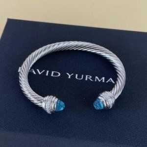 7 mm David Yurman Classic S 925 Silver Bracelet with Blue Topaz and Diamonds M